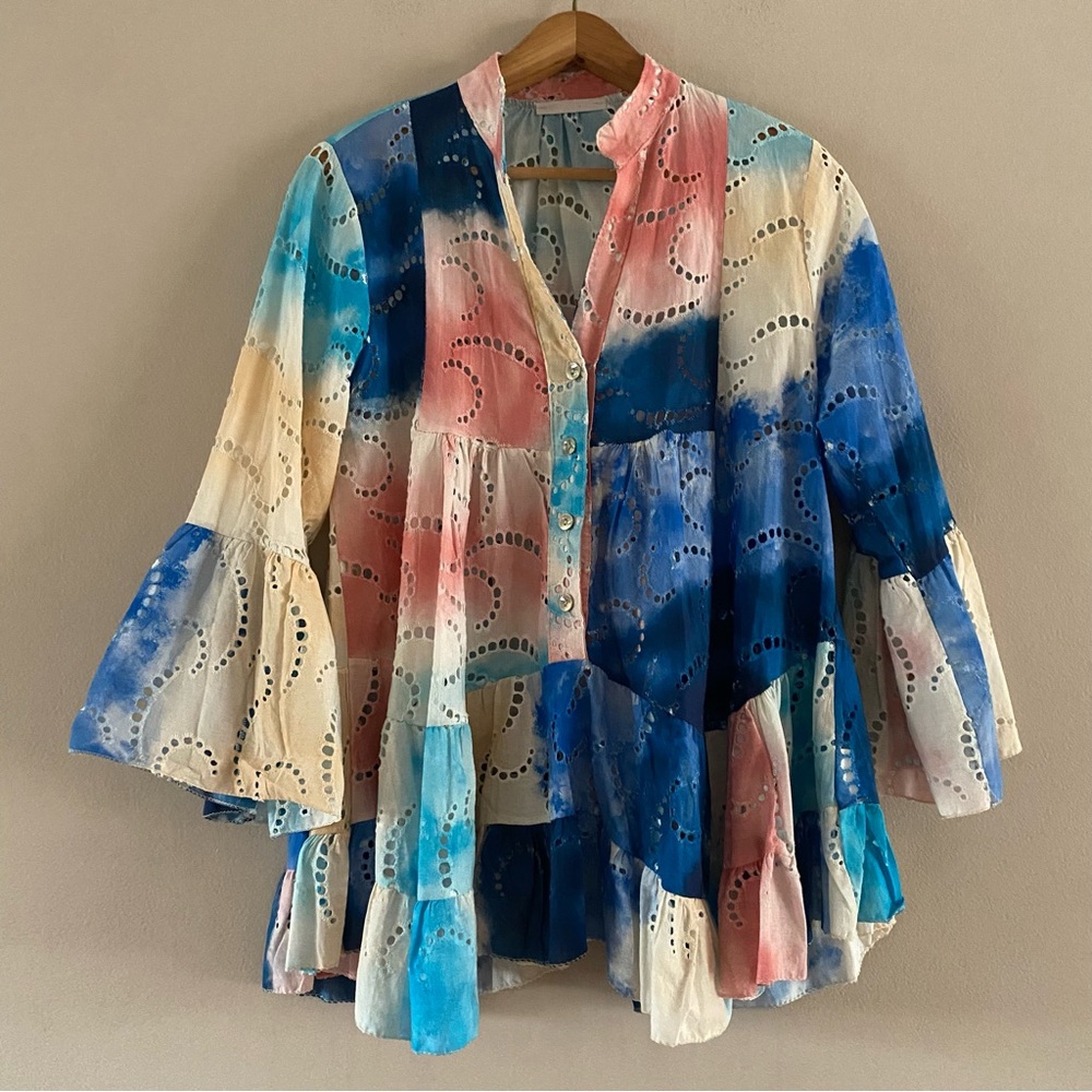 Unbranded Italy Cotton Eyelet Bell Sleeve Festival Beach Peplum Top Size M/L